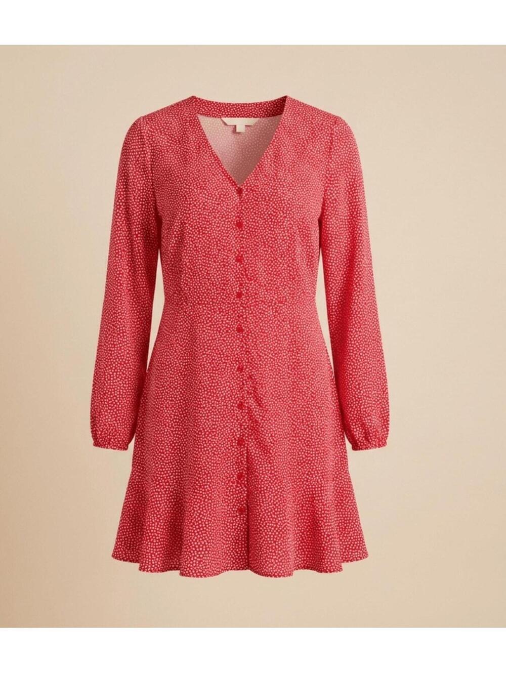 LOFT Womens 6 Red All Over Hearts Button Front Dress Flounce Hem Long Sleeve